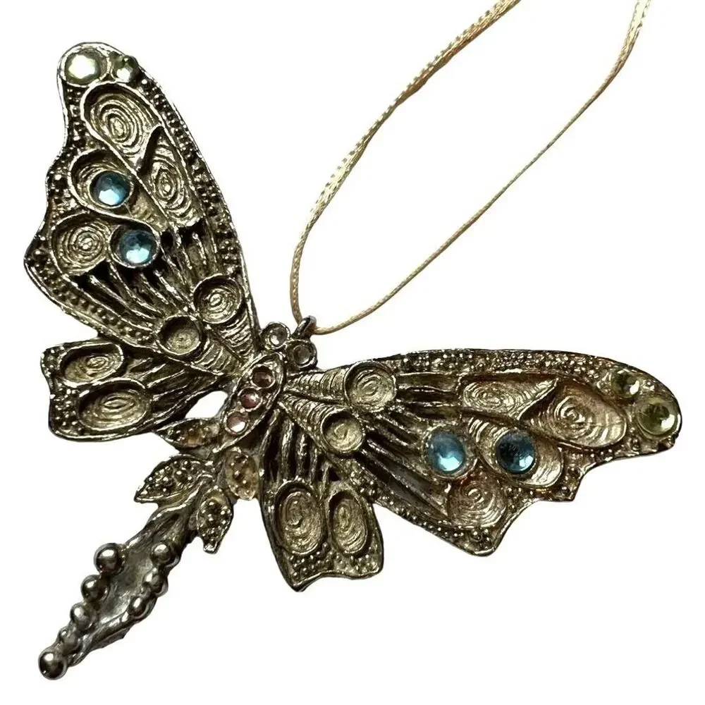 Vintage Silver Dragonfly Ornament with Filigree Work Jeweled Handmade